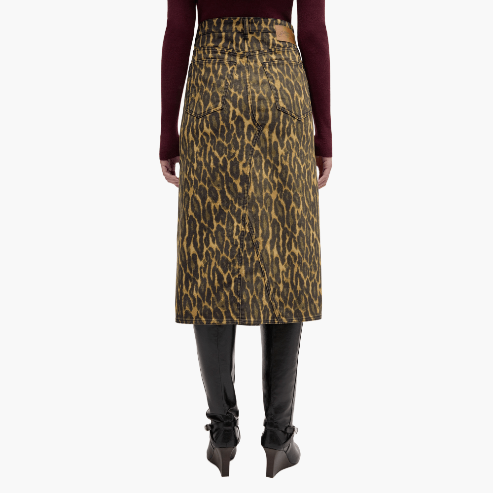 Jupe midi en denim imprimé léopard