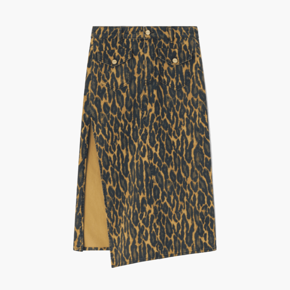 Jupe midi en denim imprimé léopard
