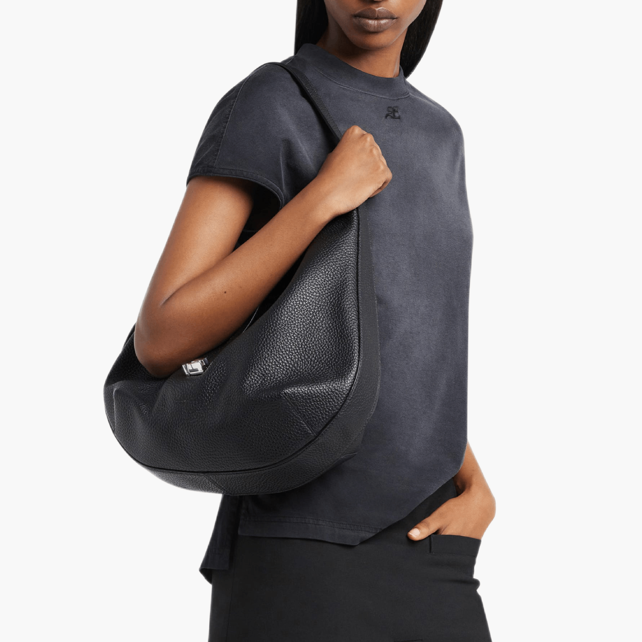 grained leather hobo bag with AC jewel