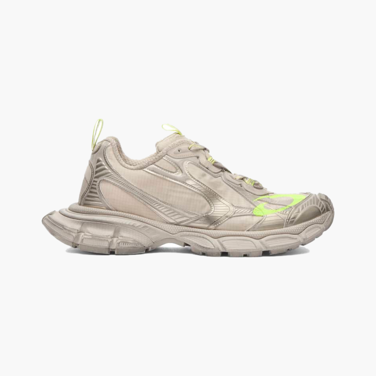 Sneakers Balenciaga 3XL Ripstop coloris taupe avec détails jaunes, vue de côté, design technique, Lesthete Concept Store.