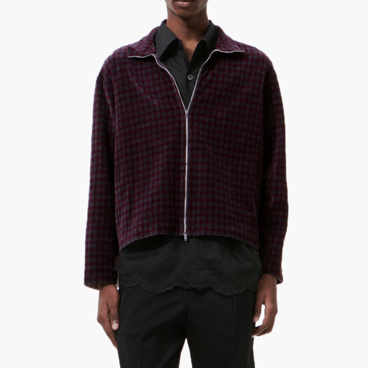 Veste zippée velours check col montant