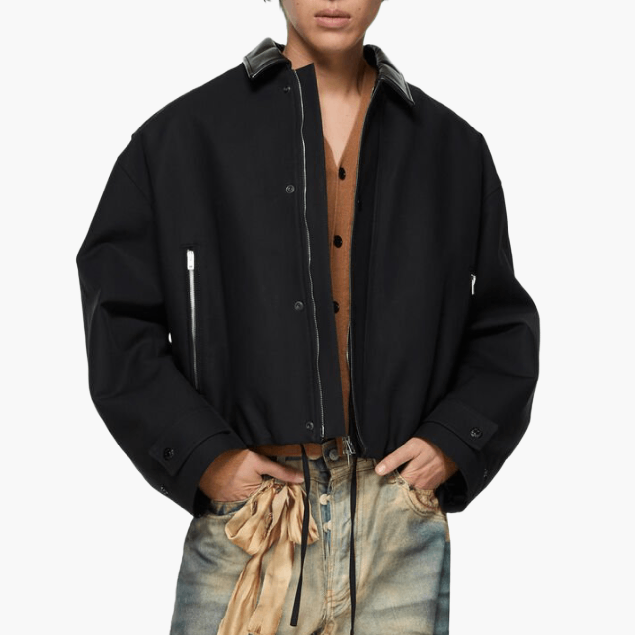 Bomber twill satin de coton col cuir