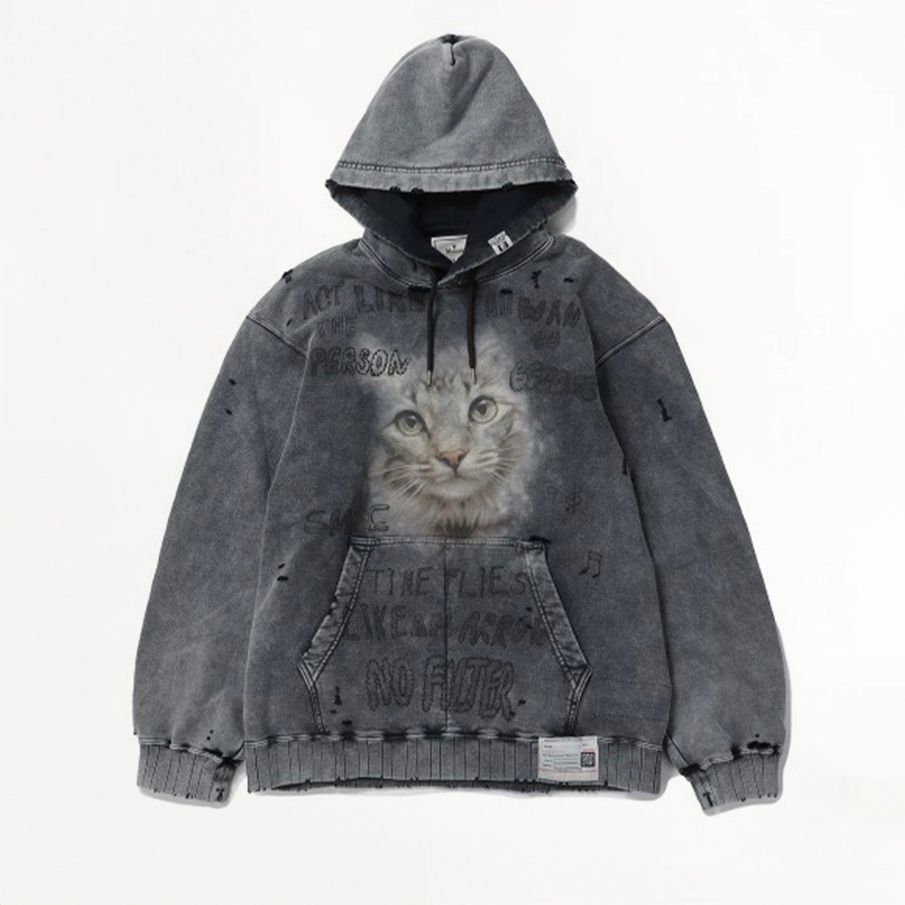 Sweat à Capuche Maison Mihara Yasuhiro Bleached Cat Print Gris