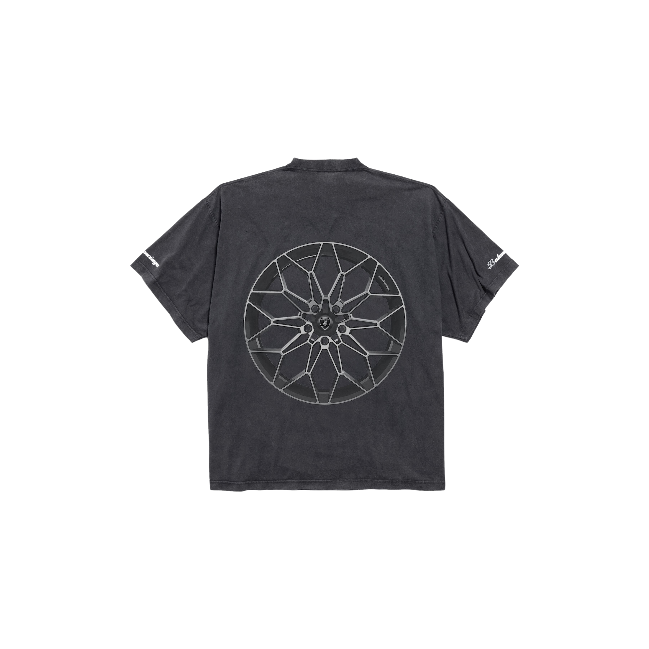 Vue arrière à plat du t-shirt Balenciaga Automobili Lamborghini noir oversize, imprimé Balenciaga Lamborghini, Lesthete Concept Store.