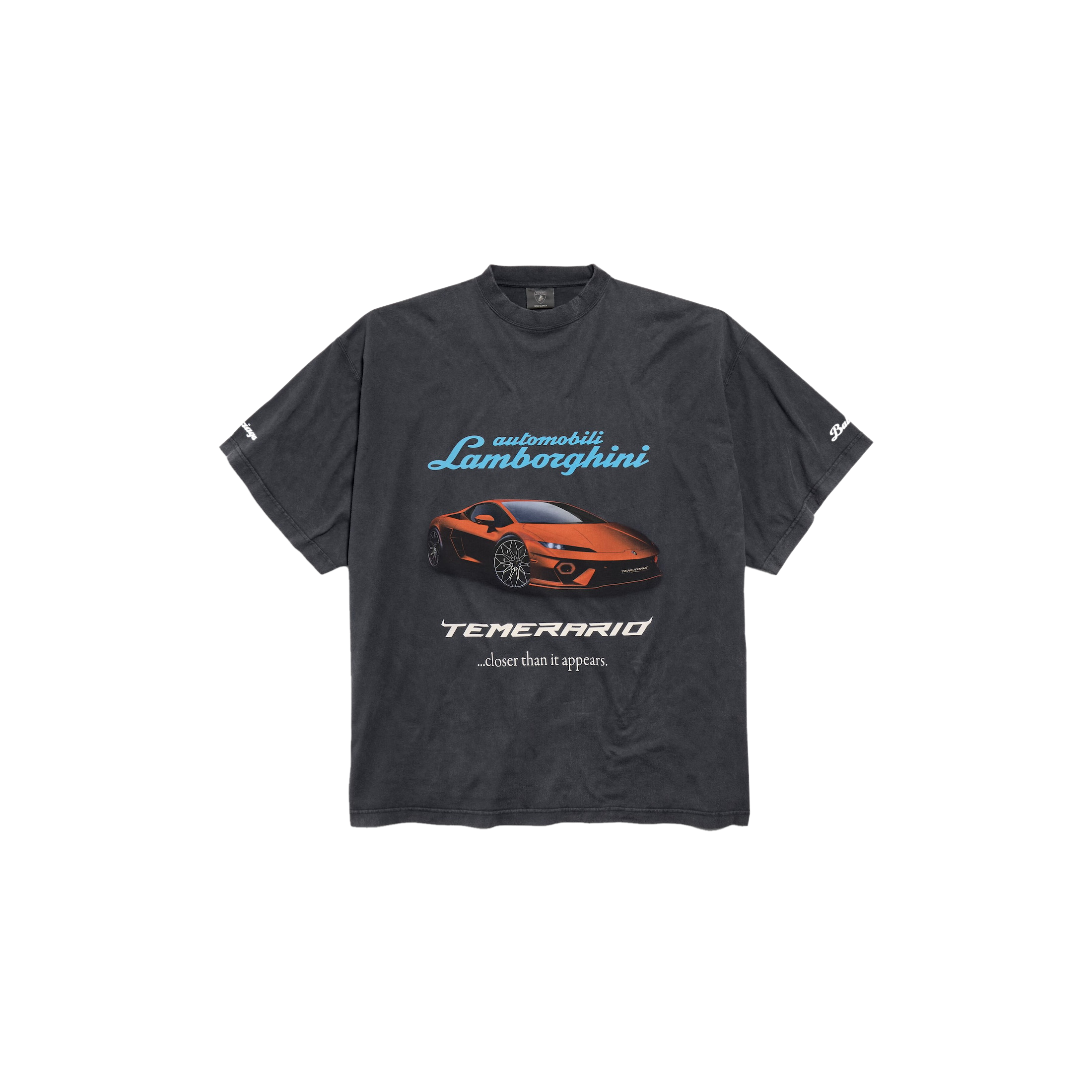 T-shirt Balenciaga Automobili Lamborghini noir oversize présenté à plat de face, logo avant visible, photo produit Balenciaga chez Lesthete Concept Store.