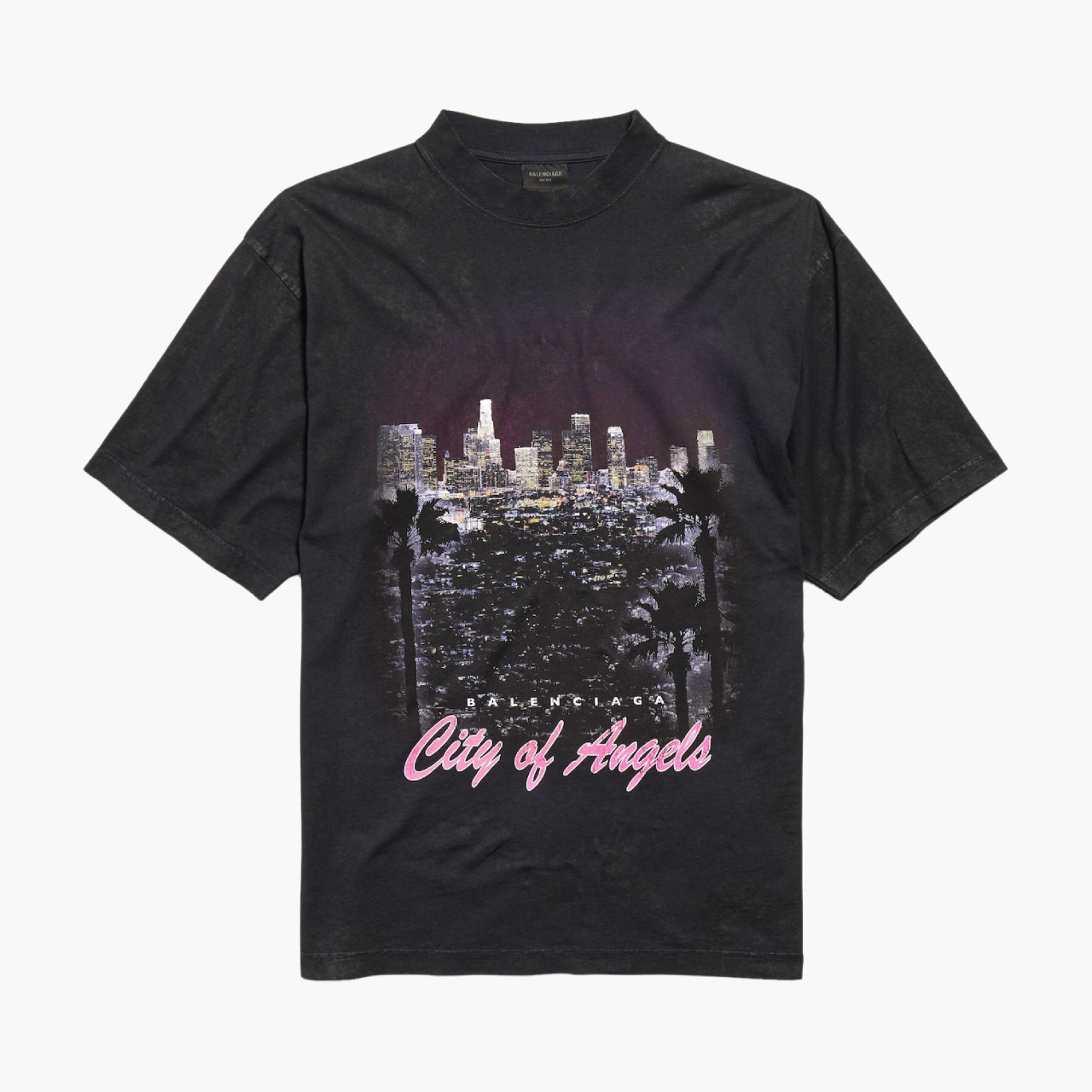 T-shirt Balenciaga City of Angels noir à plat, imprimé avant visible, photo produit Balenciaga chez Lesthete Concept Store.