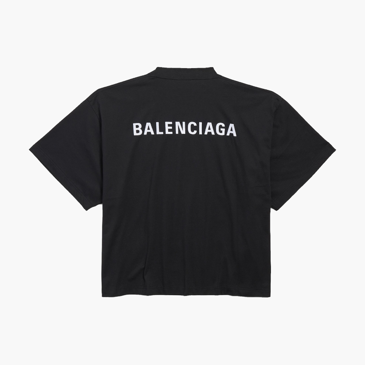 Vue arrière du t-shirt Balenciaga Cropped Back noir à plat, imprimé Balenciaga visible, Lesthete Concept Store.